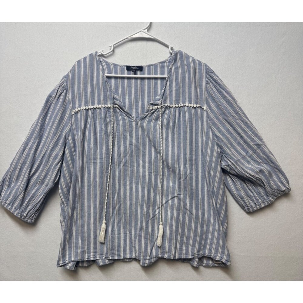 Angels New York Womens 2X Blue & White Striped Boho Blouse Pom Pom Tassel Ties